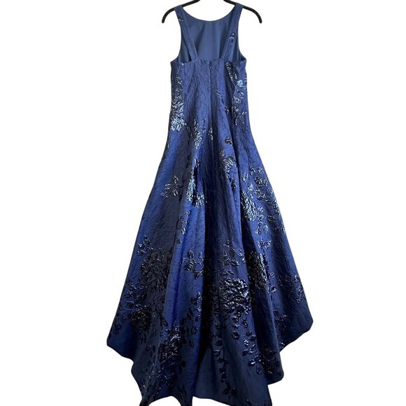 Teri Jon Rickie Freeman Blue Black Floral Jacquard High Low Gown Size 2 Dress - Picture 3 of 12
